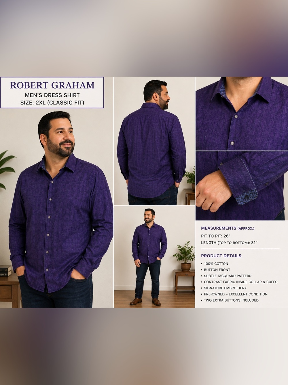 Robert Graham Men’s 2XL Classic Fit Purple Jacquard Long Sleeve Button Up Shirt